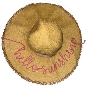 Straw Floppy Sun‎ Hat Hello Sunshine Pink Embroidered Beach Pool Summer